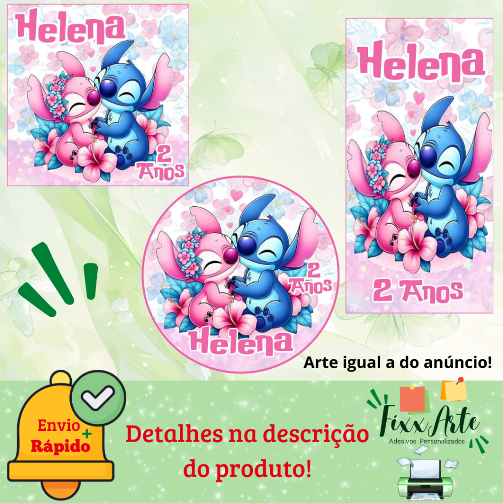 STITCH E ANGEL ROSA - 100/60/40 Adesivos Personalizados para Festas ( Envia Rápido)
