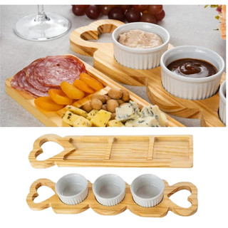 Kit 2pcs Petisqueira de Madeira Kit Petisqueira para Molhos com Trio de Ramequin de Porcelana Branc