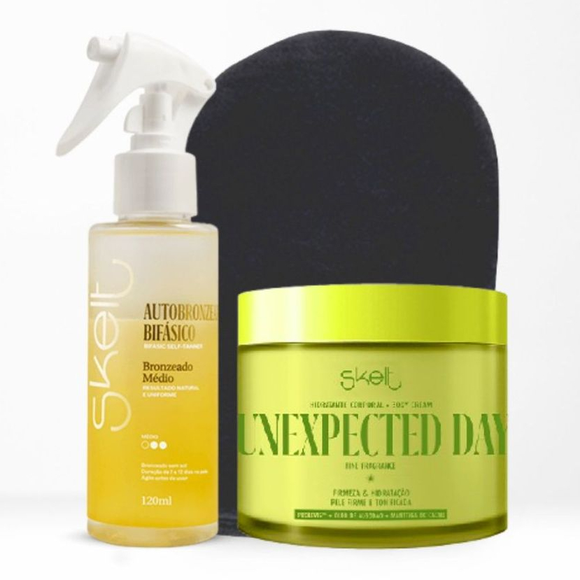 Kit Autobronzeador Bifásico Skelt + Luva Aplicadora + Body Splash Unexpected Day