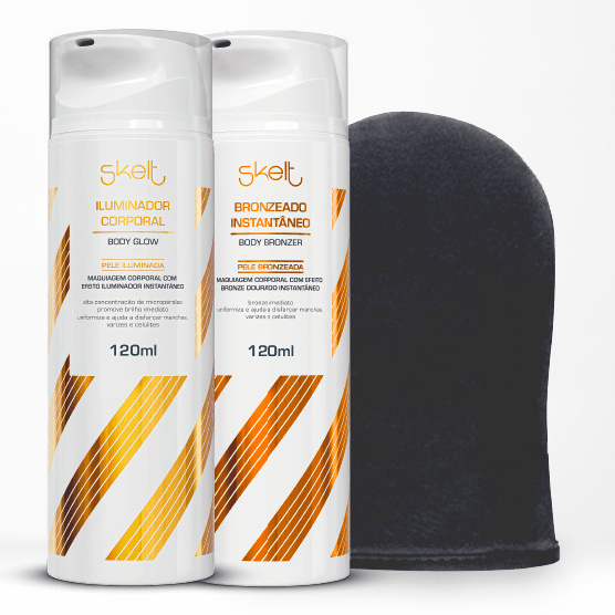 Kit Iluminador Corporal + Bronzeado Instantâneo Skelt+ Luva Aplicadora em Oferta na Shopee
