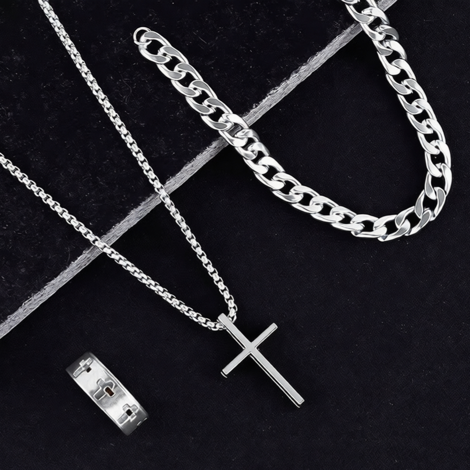 Novo Conjunto De Joias Com Cruz Punk 3 Peças , Colar , Pulseira , Anel , Corrente Gótica Para Mulheres E Homens