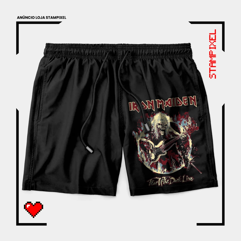 Bermuda Tactel Iron Maiden Fear of the Dark Short Banda Metal Rock Confortável Com Elastano Ideal Lazer Treino Esportes