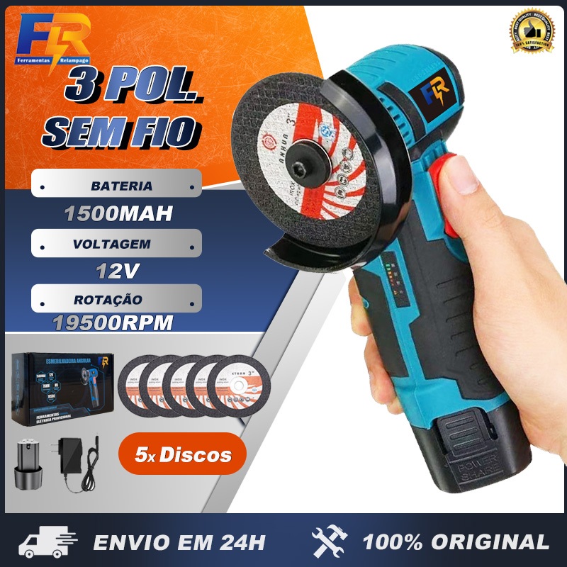 Mini Esmerilhadeira Angular Sem Fio 12V com 2 Baterias e 5 Discos