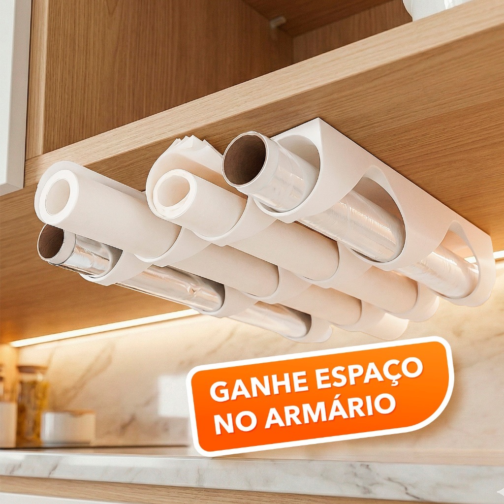 Suporte para Rolos de Cozinha Organizador de Armário Porta Papel Toalha Filme e Alumínio