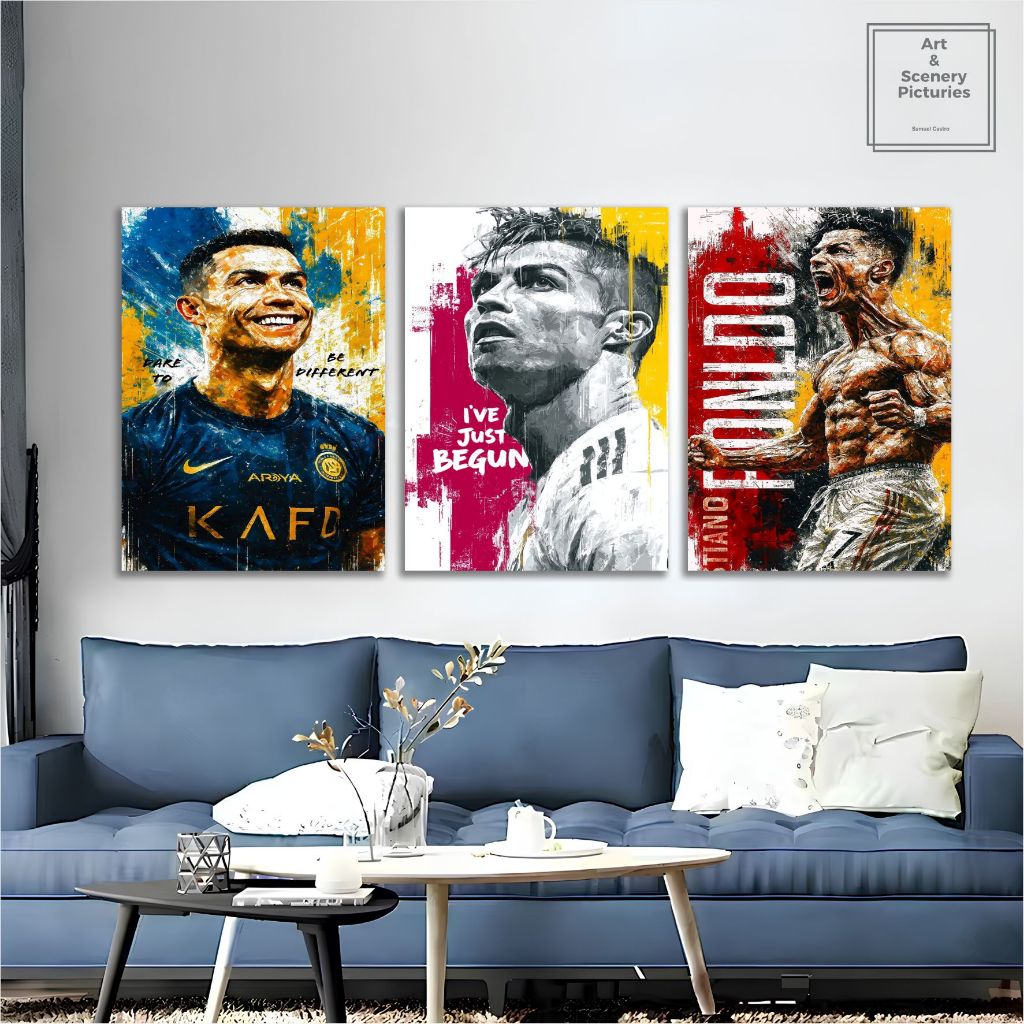 Quadro Decorativo kit 3 peças Inovador Jogador de Futebol Cristiano Ronaldo CR7 Colorido Para Quarto e Fãs