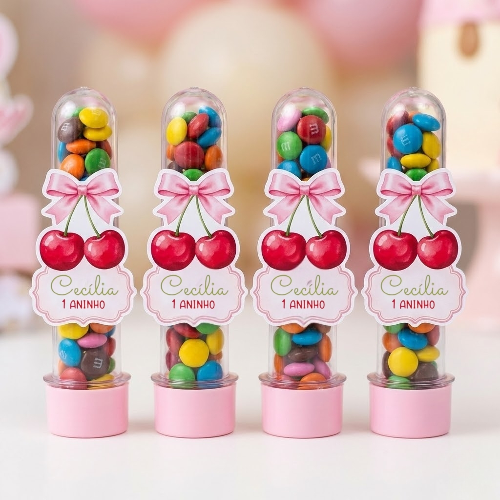 Apliques para Tubete Cerejinha do Bolo 13cm | Personalizado com Nome e Idade | Mimo Festa Infantil Menina