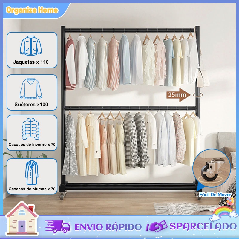 Suporte de Roupa Duplo em Ferro - Suporta Peso, Não Balança, Design Minimalista para Quartos Pequenos e Closet 120*200cm em Oferta na Shopee
