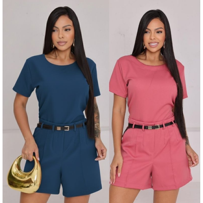 Conjunto Feminino Alfaiataria Elegante – Blusa + Short com Cinto e Bolso em Oferta na Shopee