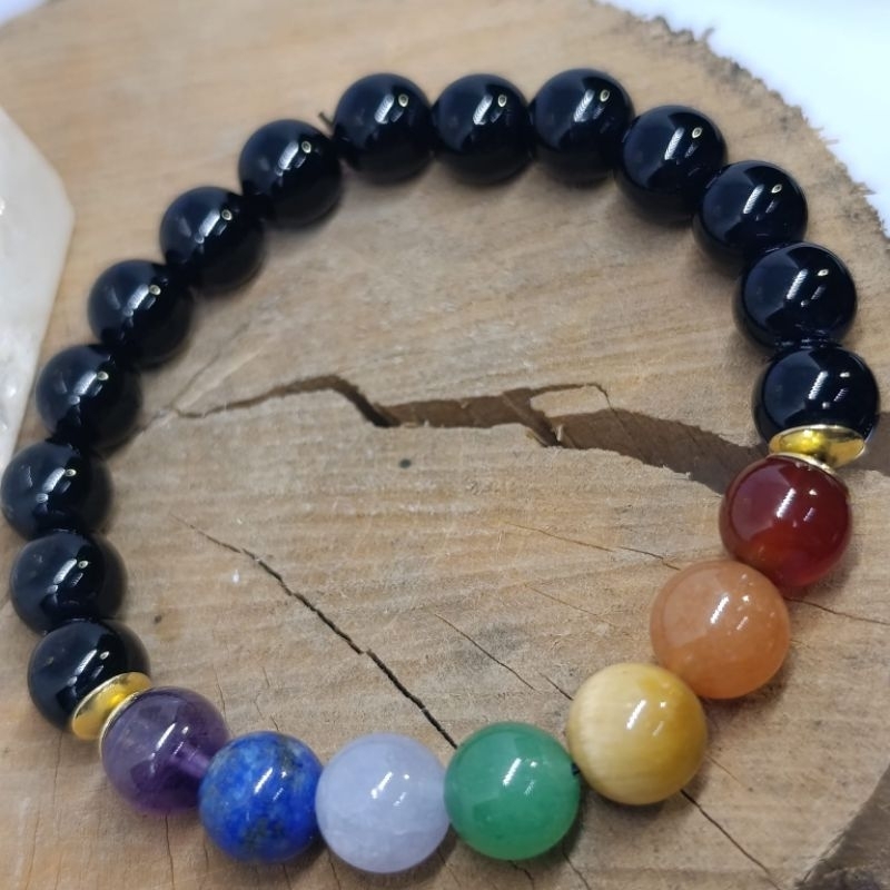 Pulseira 7 Chakras e ágata negra 15cm pedras naturais verdadeiras