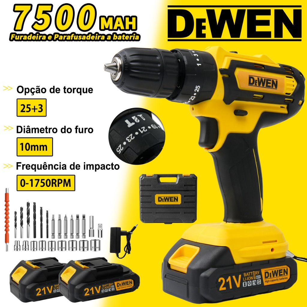 Parafusadeira Furadeira de Impacto Sem Fio Recarregáveis 2 Baterias Com Maleta e Acessórios 28pcs em Oferta na Shopee