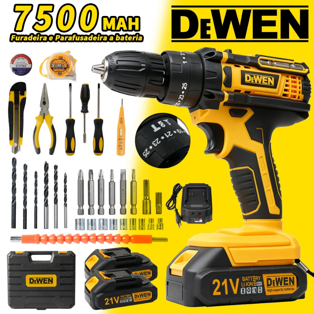 Parafusadeira Furadeira De Impacto Sem Fio 3 funções 2 Baterias Com Maleta e Acessórios 37pcs DeWEN em Oferta na Shopee