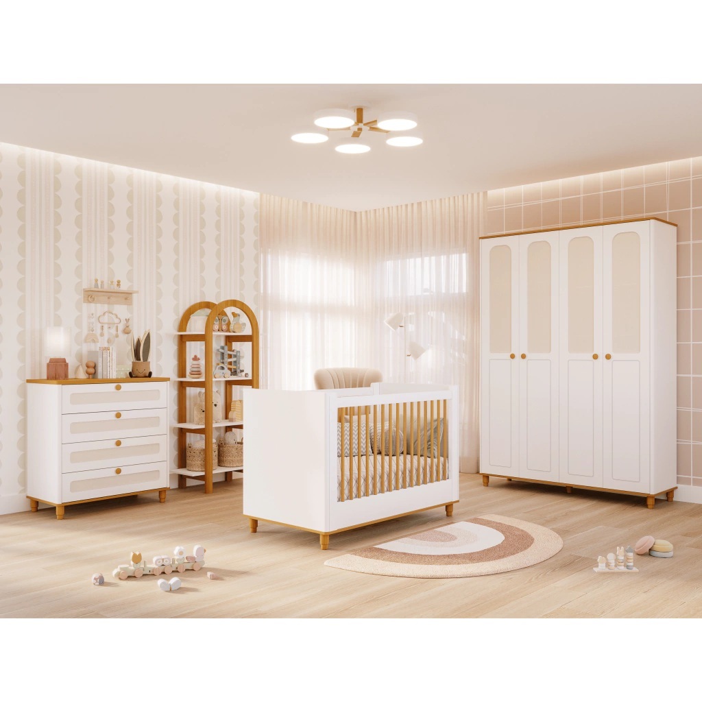 Quarto Bebê Infantil Telado Alfajor 100% MDF Off White/Nature Berço, Cômoda, Roupeiro Permobili