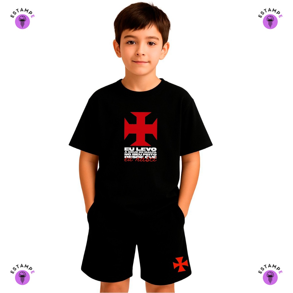 Kit Infantil 2 peças 1 Camiseta e 1 Bermuda Moletinho Time Futebol Cruz De Malta CRVG  Infantil Unissex