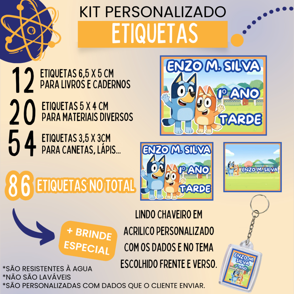 Etiquetas Escolares Personalizadas Bluey e Bingo - Volta às Aulas - 86 Unidades + Brinde - Fazemos Qualquer Tema em Oferta na Shopee