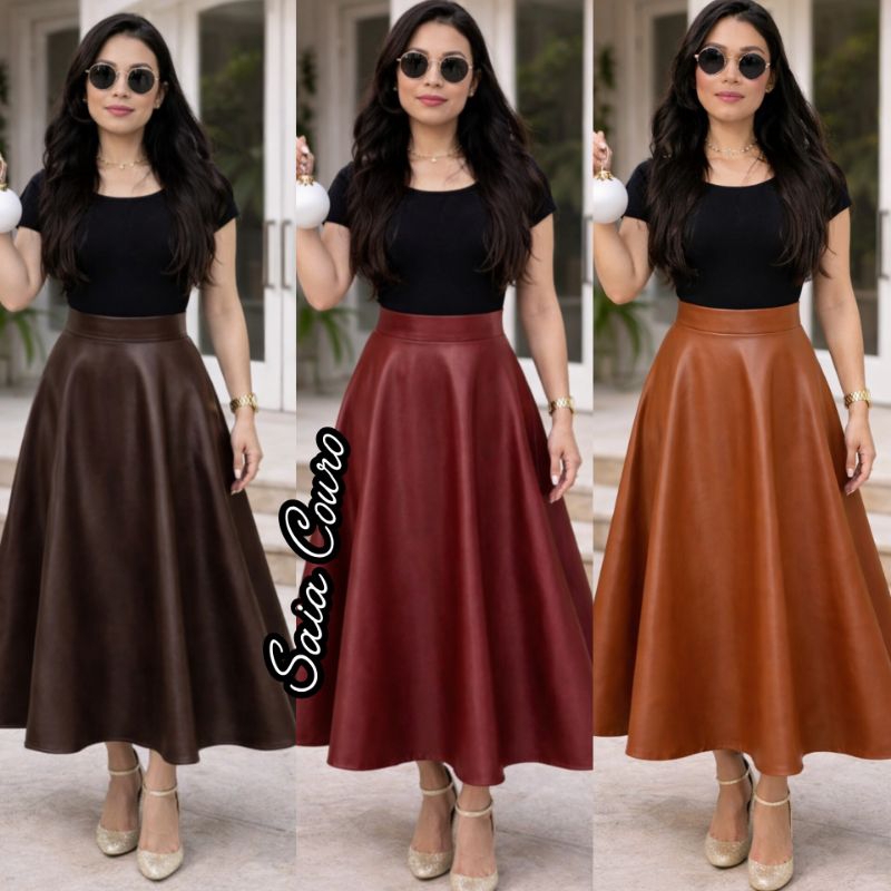 Saia Marrom longa campeira de couro /saia preta elegante  do PP ao g3 em Oferta na Shopee