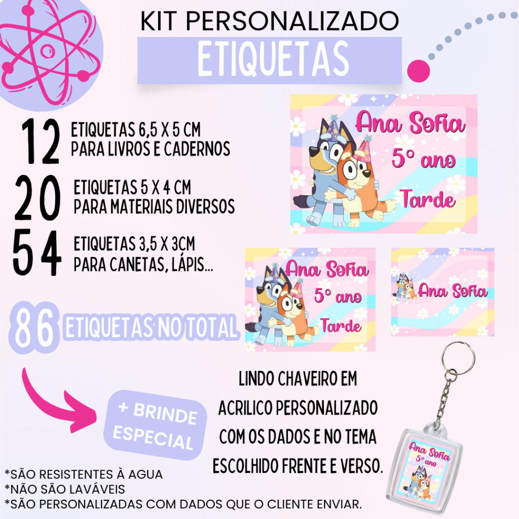 Etiquetas Escolares Personalizadas Bluey e Bingo - Volta às Aulas - 86 Unidades + Brinde - Fazemos Qualquer Tema em Oferta na Shopee