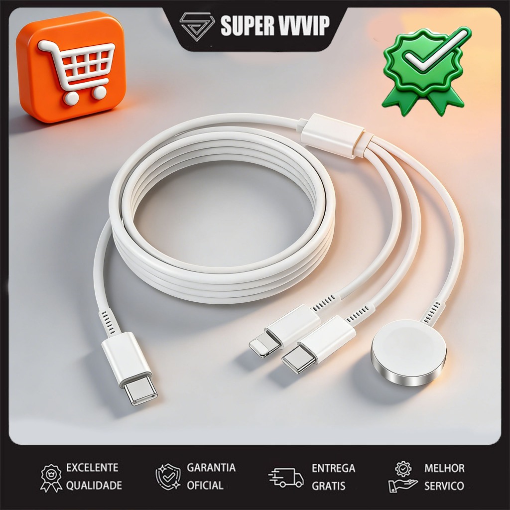 【Brasil Spot Sale】 Carregador 3 em 1 Entrada Lightning Magnético 1.2 Metros USB Indução Tipo-C Cabo Relógio