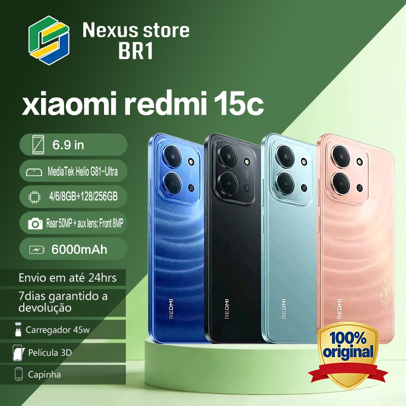 Celular Xiaomi Redmi 15C Processador Mediatek Hélio G81-Ultra, Bateria 6000mAh, Proteção IP64