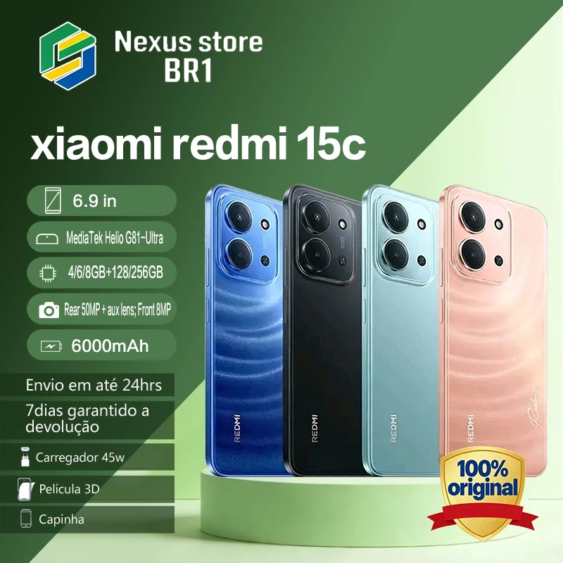 Celular Xiaomi Redmi 15C Processador Mediatek Hélio G81-Ultra, Bateria 6000mAh, Proteção IP64