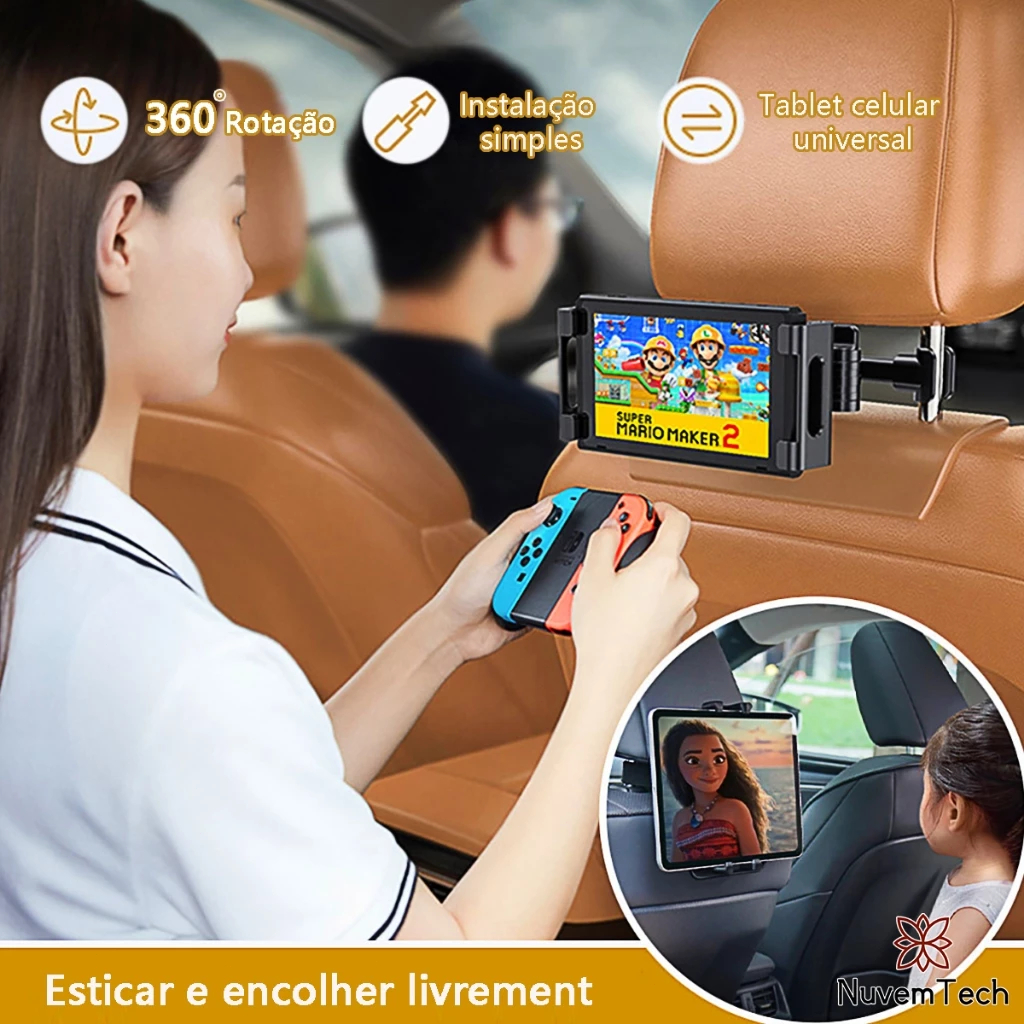 Suporte Veicular para Celular Banco Traseiro 360 Graus Giratória Suporte de Tablet Dobrável e Extensível