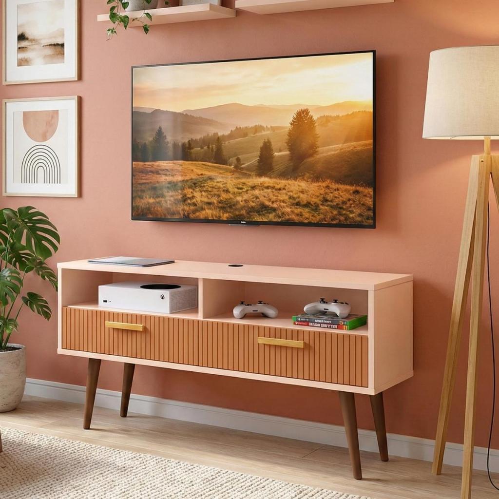 Rack Home Suspenso Copa / Turim com pés  2 Portas Nicho e Puxador de Madeira 110cm - GM Móveis em Oferta na Shopee