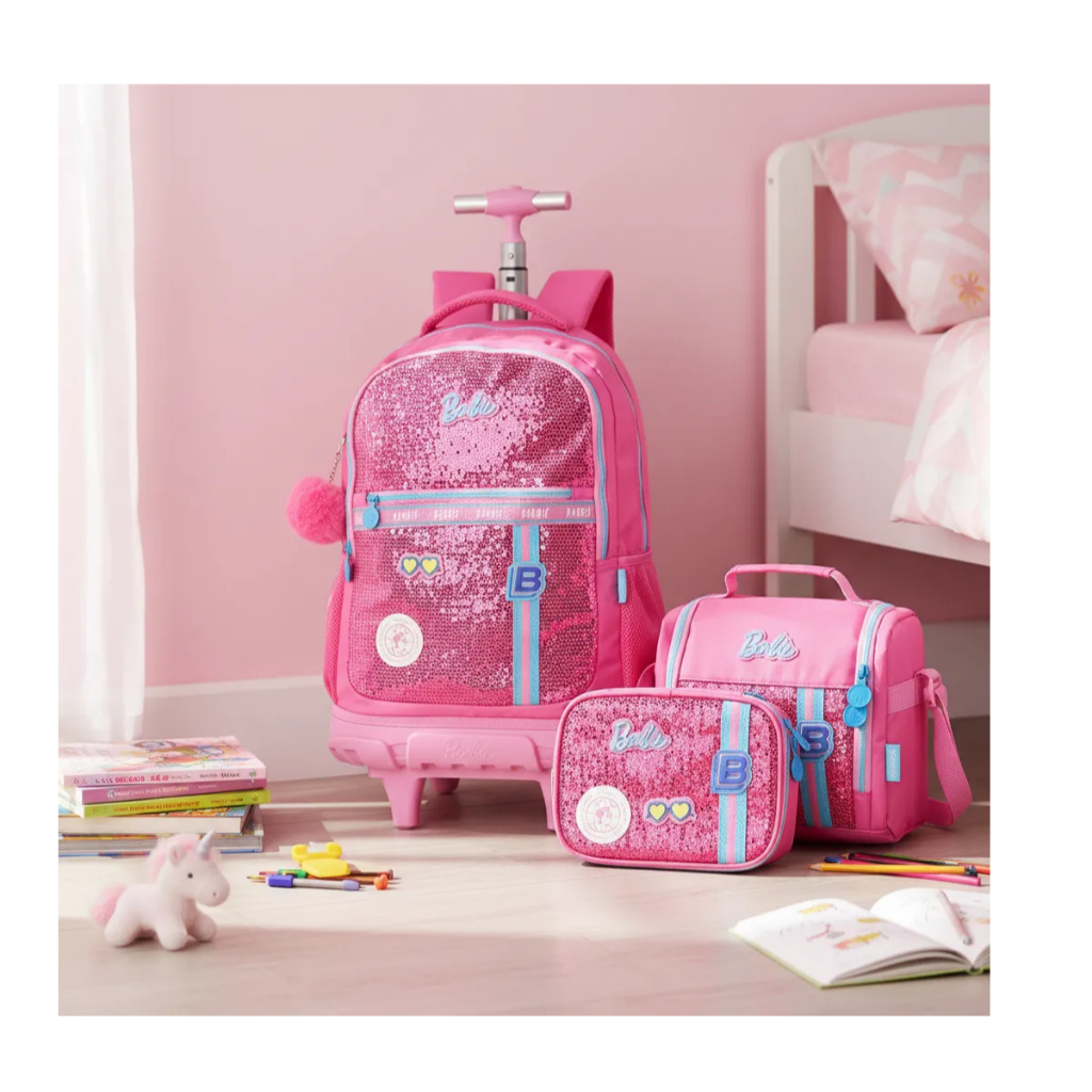 Kit Escolar Mala Barbie Lancheira E Estojo BOX Em Detalhes Paetê Rosa Liso