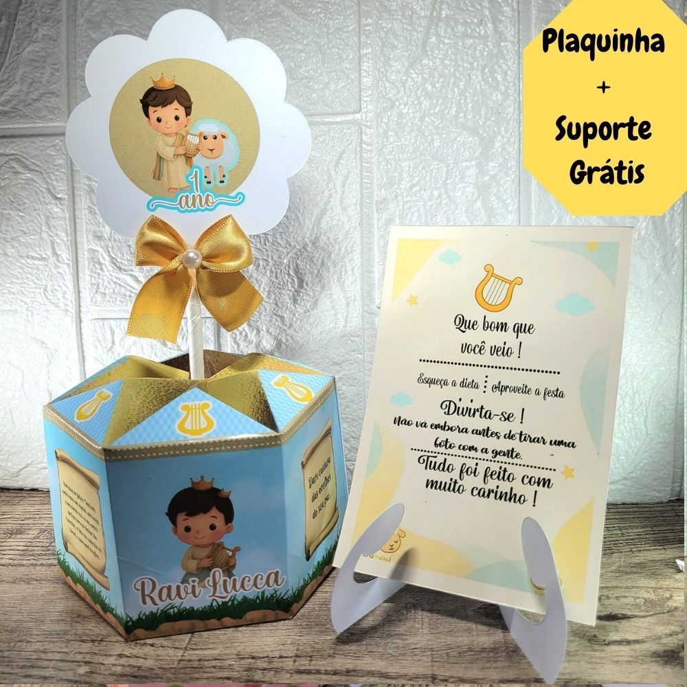 Centro de Mesa Davi + Plaquinha Cachepô Rei Davi Personalizado Enfeite Lembrancinha Arranjo p/Festa Aniversário Infantil