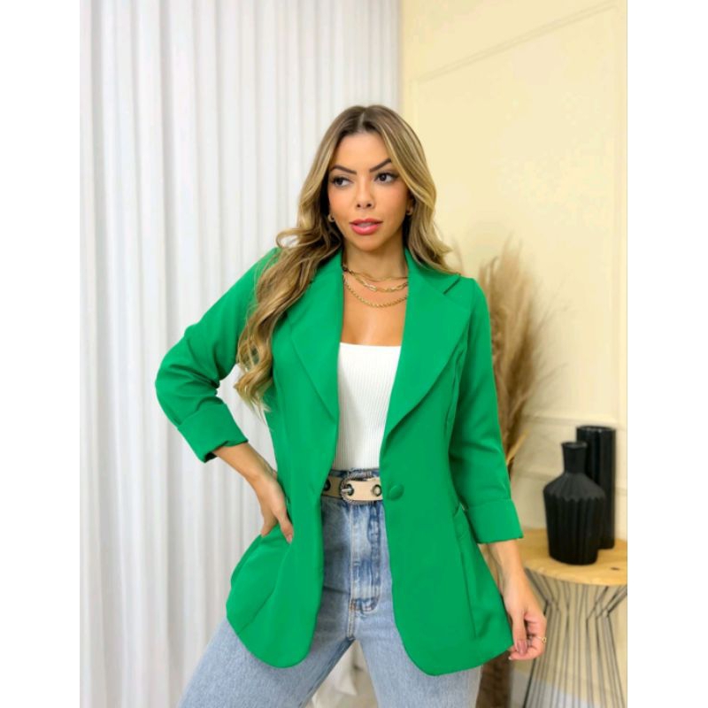 Blazer Feminino Casaquinho Alfaiataria Maxi Alongado Casaco Social Com Botão