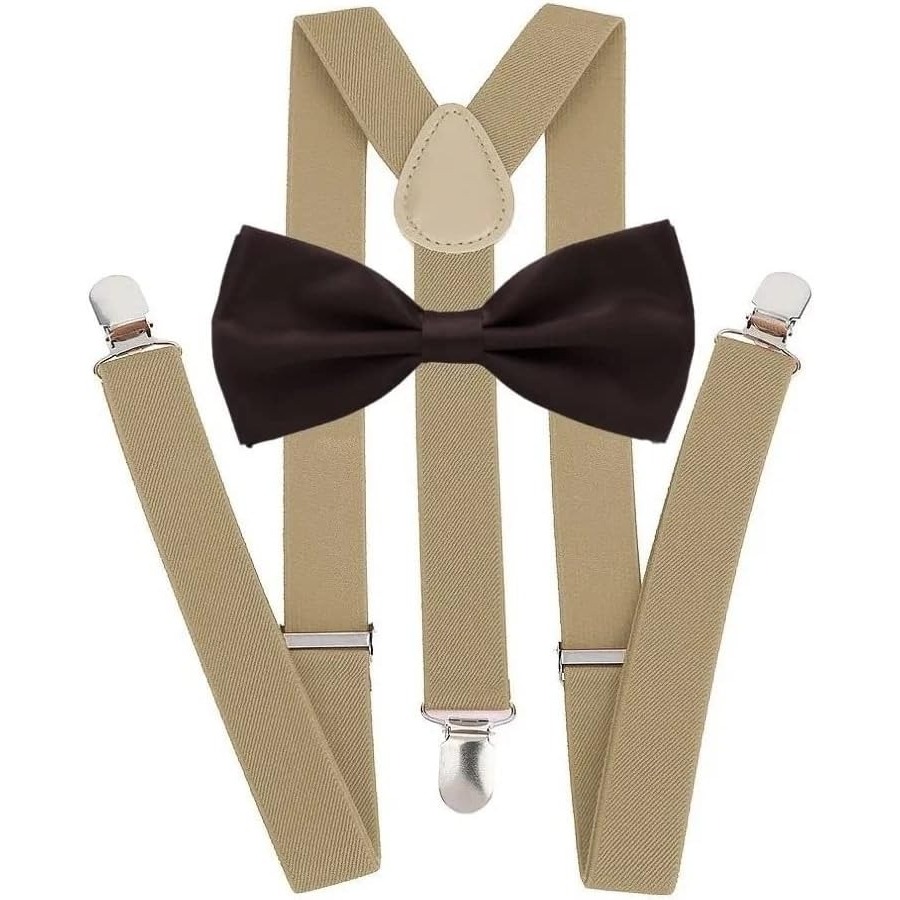 12 Kit Suspensório Bege + Gravata Borboleta - Marrom