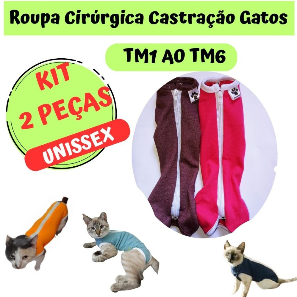 Kit com 2 Roupas Pós  Cirúrgicas Para Gatos Tm1 ao Tm6