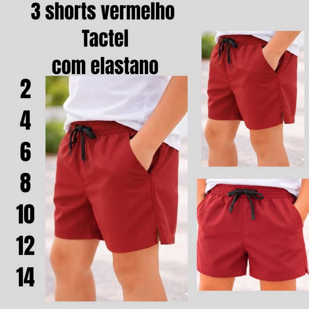 Kit 3 shorts infantil juvenil masculino tactel com elastano vermelho menino praia verão escola casual volta as aulas