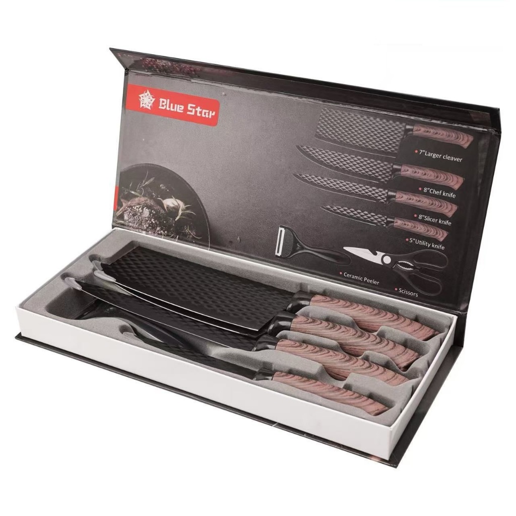 Conjuto de Faca Inox 6 Peças Com Cabo Reforçado Aço Carbono Tesoura Cutelo Descascador Carne Legumes