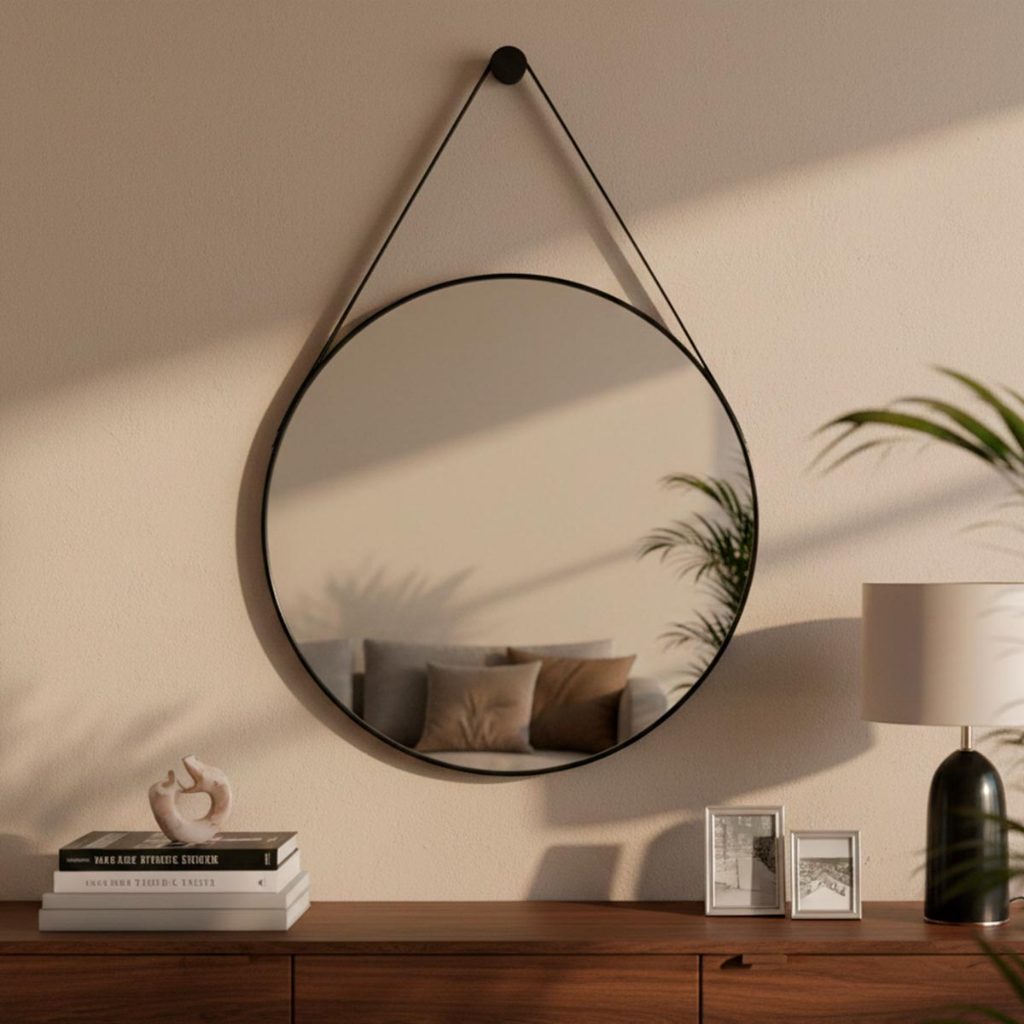 Espelho Redondo Decorativo Suspenso Alça 30cm + Pino Suporte para Apartamento Pequeno Banheiro
