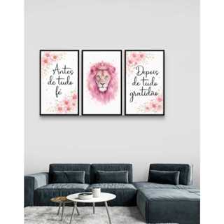 Kit 3 Peças Quadros Decorativos Leão Rosa Fé Gratidão Quarto Lindo em Oferta na Shopee
