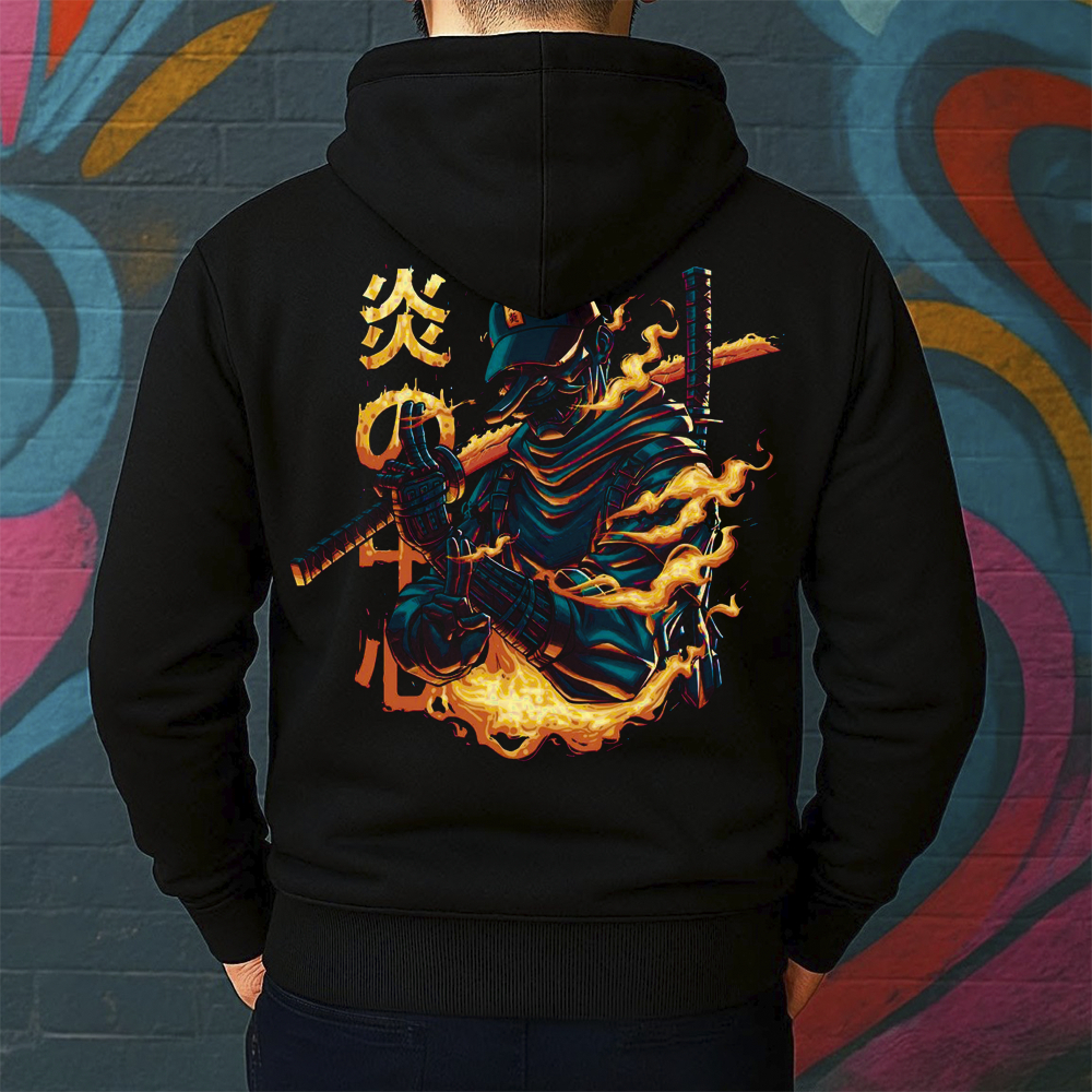 Blusa de Moletom Canguru Estampada Samurai em Chamas Masculina Confortável Do Tamanho P ao GG