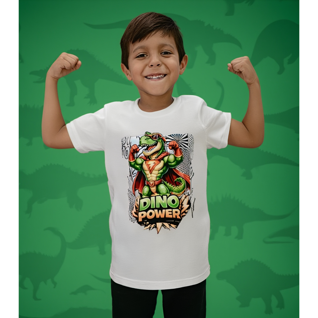 Camiseta Infantil Dinossauro Dino Power | Estampa Divertida | Tamanhos 2 ao 16