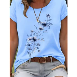 Camiseta feminina casual manga curta 100% algodão estampa Floral