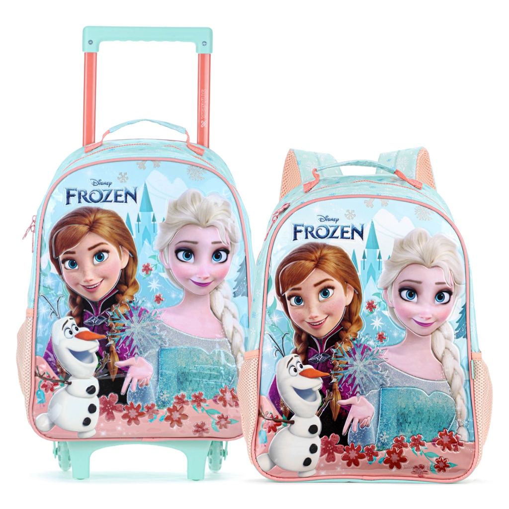 Kit Mochila Com Rodas 16 14740 + Mochila 16 14742 Xeryus Frozen Escolar Azul e Salmão - Infantil