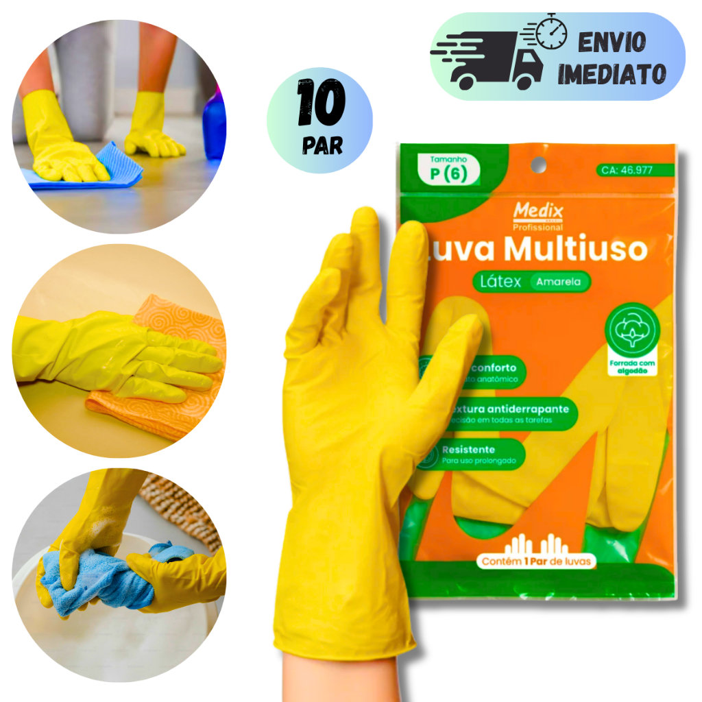 CONJUNTO 4/6/8/10 LUVAS LATEX AMARELA CONFORTAVEL MULTIUSO PARA SERVIÇOS DE LIMPEZA PROFISSIONAL
