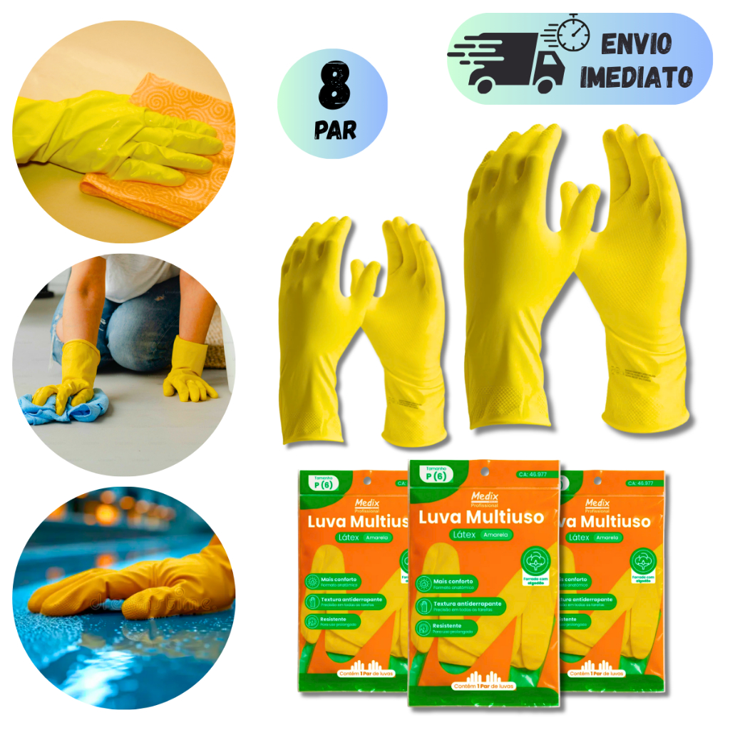 KIT 2 A 8 PARES DE LUVA AMARELA DE LÁTEX MULTIUSO PARA LIMPEZA E SERVIÇO LAVAR A LOUÇA PARA COZINHA