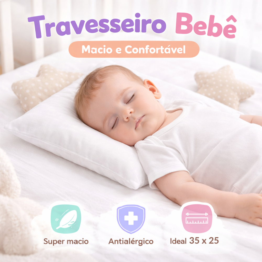 Travesseiro Bebê Antialérgico Macio Ideal para Berço | Brubrelel Baby