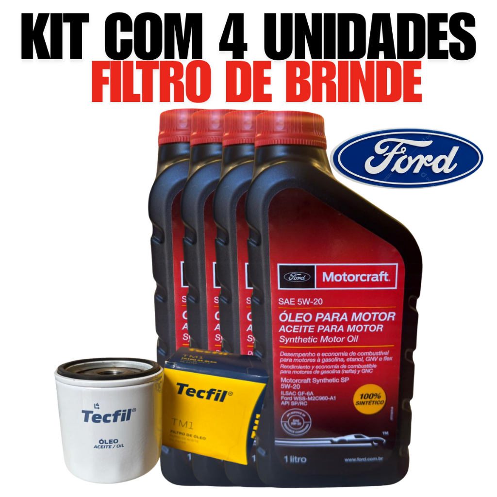 Kit Troca De Óleo  4 Unidades 5w20 Sp Motorcraft com Filtro De Óleo TM1 Para Linha Ford 3 Cilindros