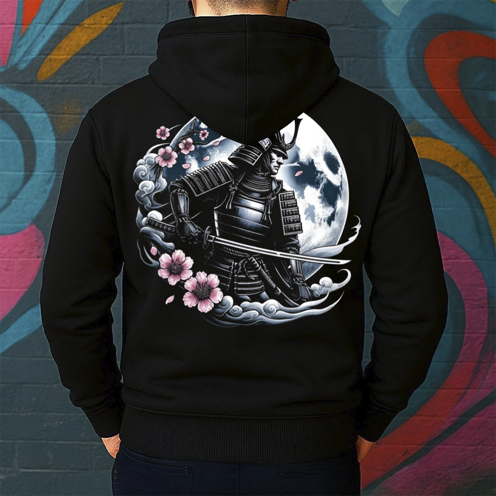 Blusa de Moletom Canguru Estampada Samurai na Lua Masculina Confortável Do Tamanho P ao GG