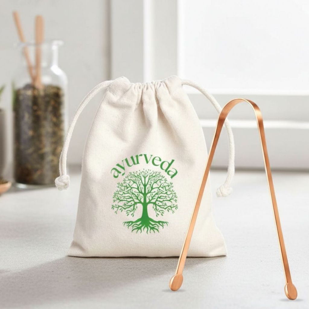 Raspador de Lingua Cobre Puro com Saquinho Algodão AYURVEDA