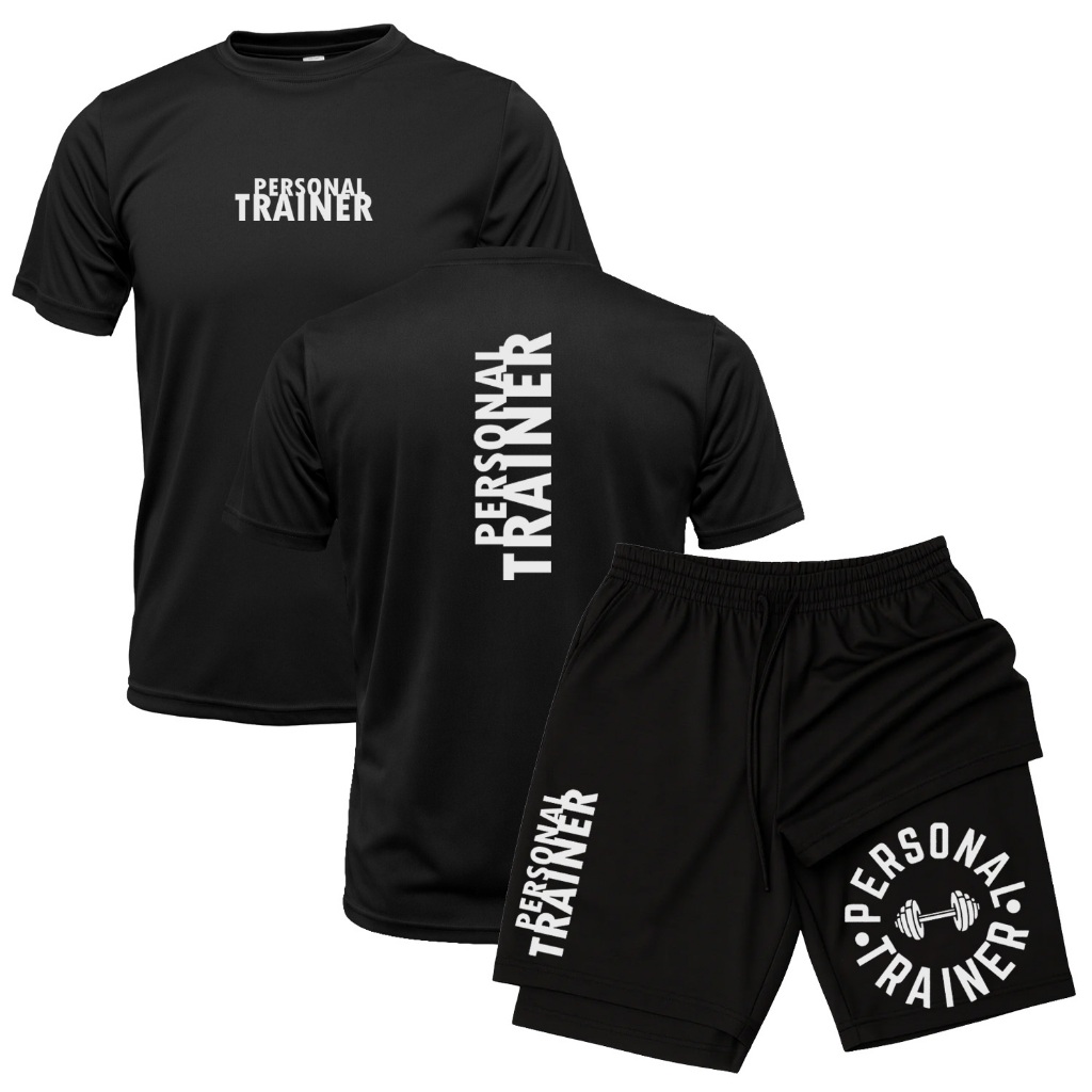 Kit Masculino Camiseta + Short 2 em 1 Compressão Bolso Secreto Personal Trainer Academia