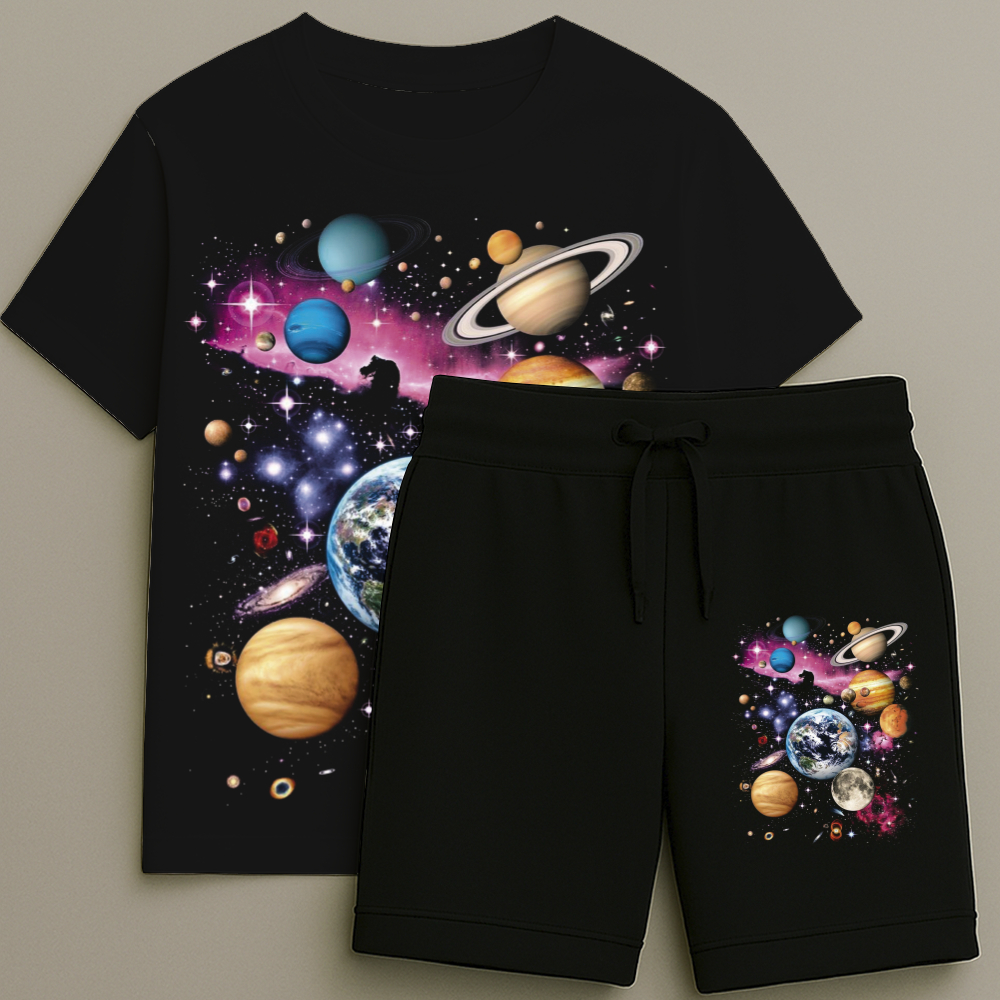 Camiseta e Bermuda Infantil Masculina Estampa Sistema Solar Premium Alta Qualidade Tamanho 2 ao 16