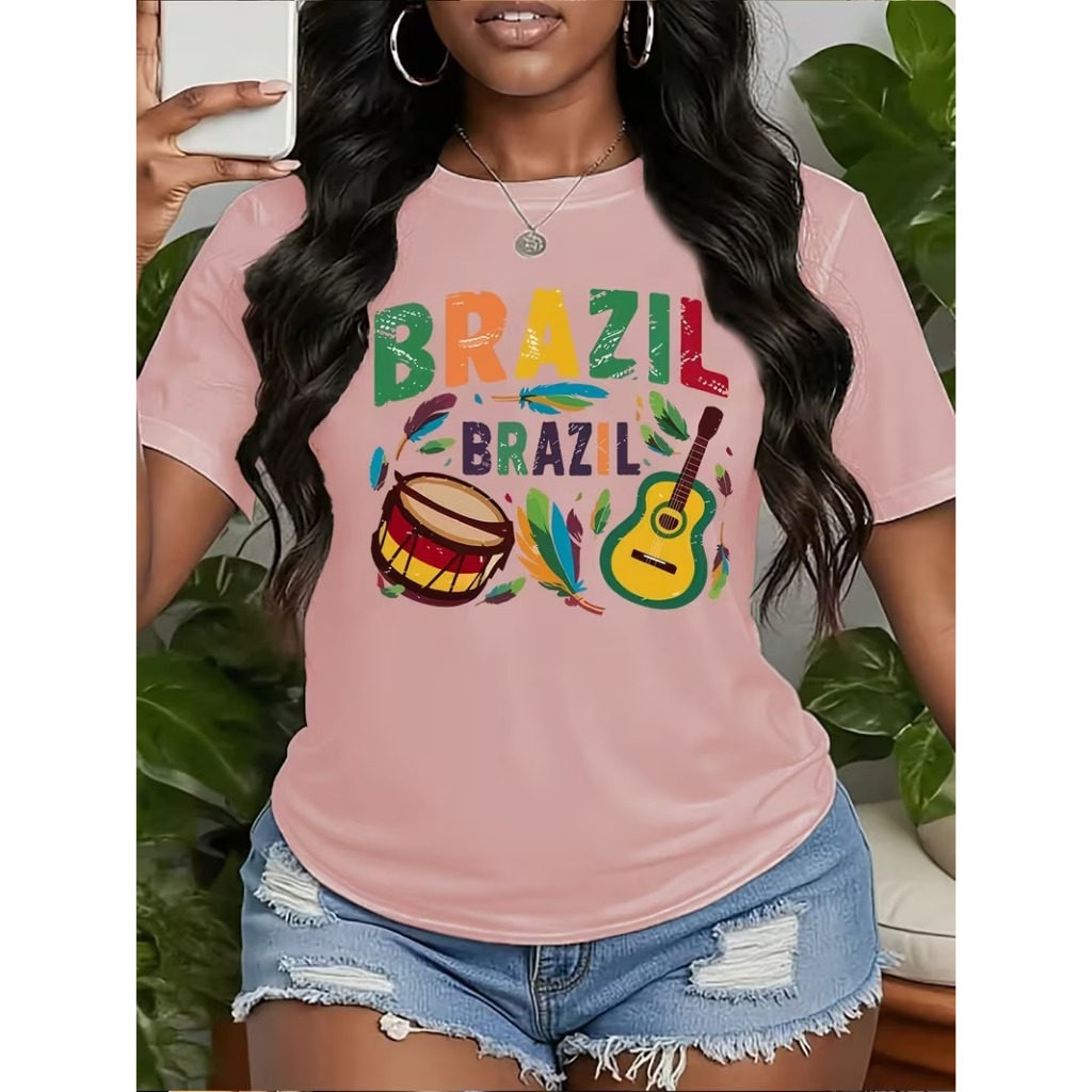Camisa Feminina Estampa Moda Praia Verão Copa do Mundo Brasil Carnaval Camiseta Manga Curta Gola Redonda
