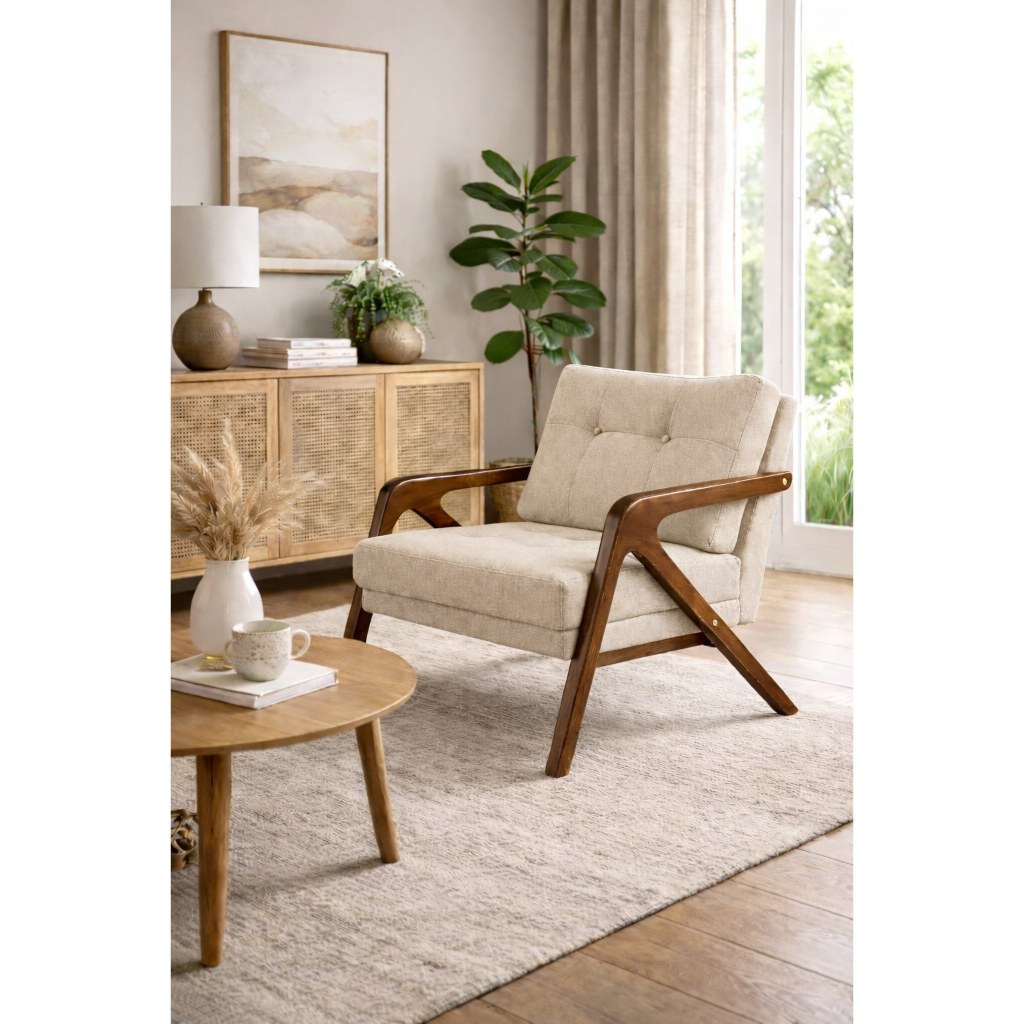 Poltrona Decorativa Mona Simone Linho Desenho Pé Madeira Maciça Sala Recepção Consultorio Quarto