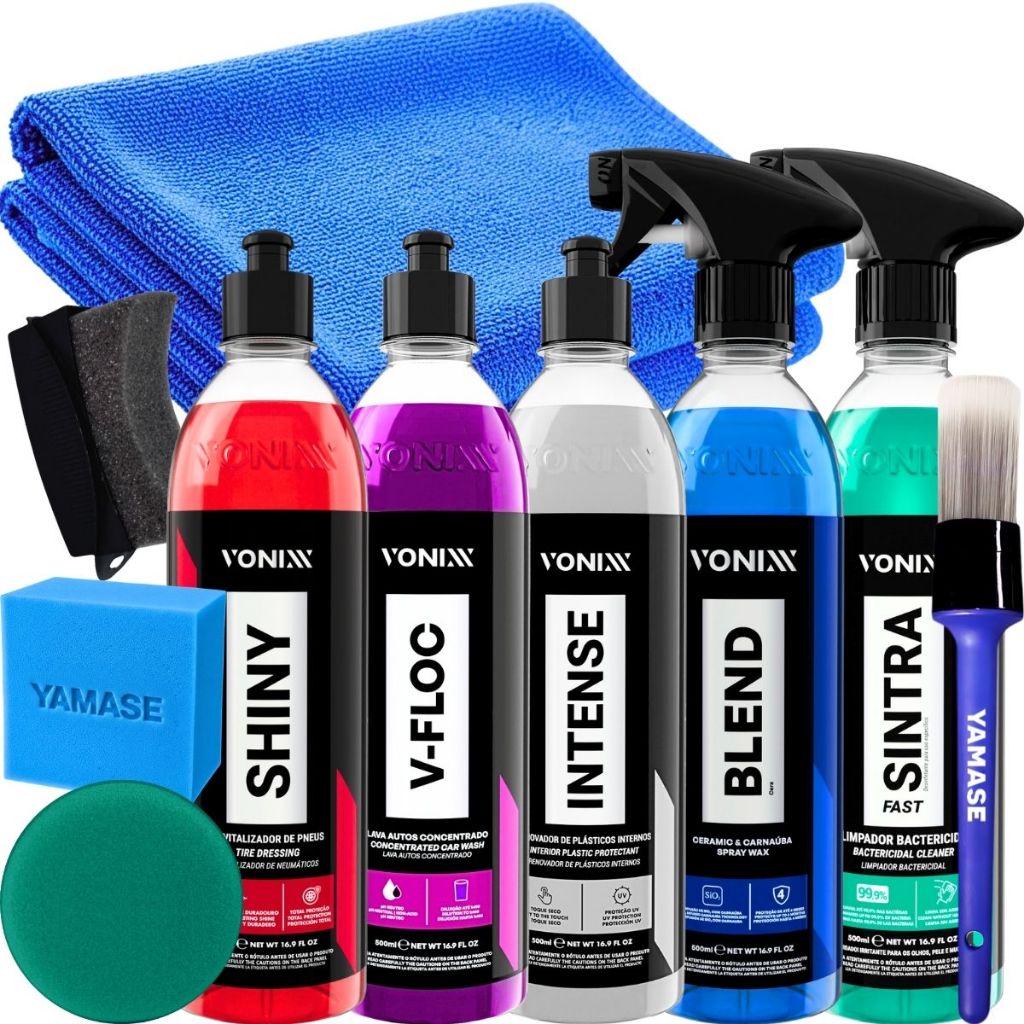 Kit Limpeza Automotivo Completo Shampoo V-Floc Shiny Pneu pretinho Sintra Fast Cera Blend Spray Intense Vonixx 500ml