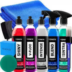 Kit Limpeza Automotivo Completo Shampoo V-Floc Shiny Pneu pretinho Sintra Fast Cera Blend Spray Intense Vonixx 500ml